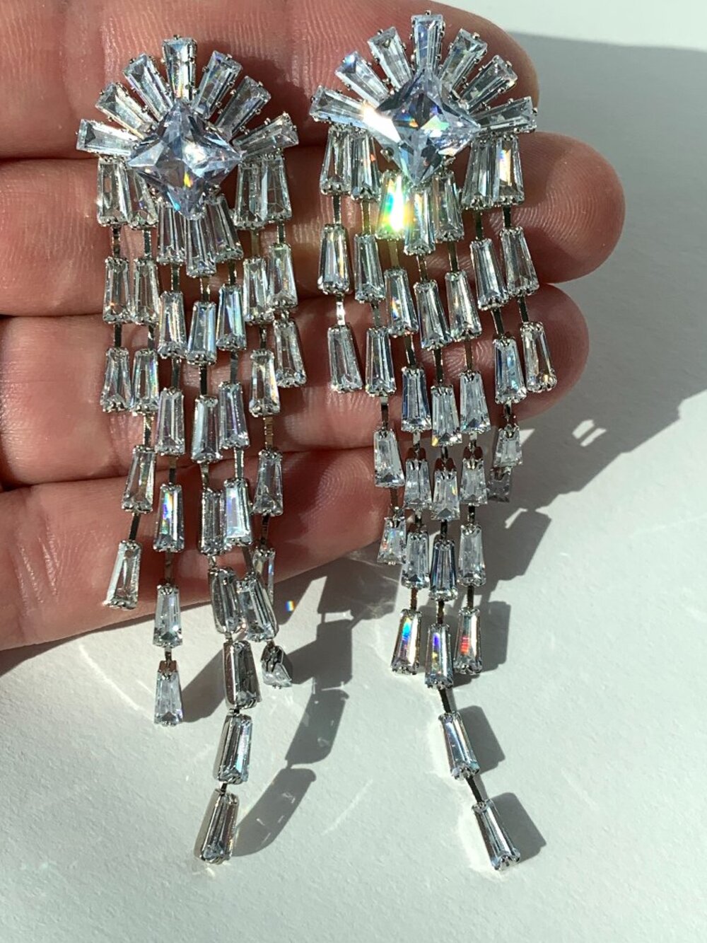 NEW ~ Anthropologie CZ Square & Baguette Long Fringe Glam Earrings
